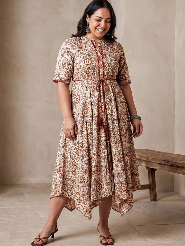 Globus Gloplus Women White Allover Floral Printed Mandarin Collar Embroidered Detail Waist Tie-Ups Asymmetric Hem Midi A-Line Plus Size Dress