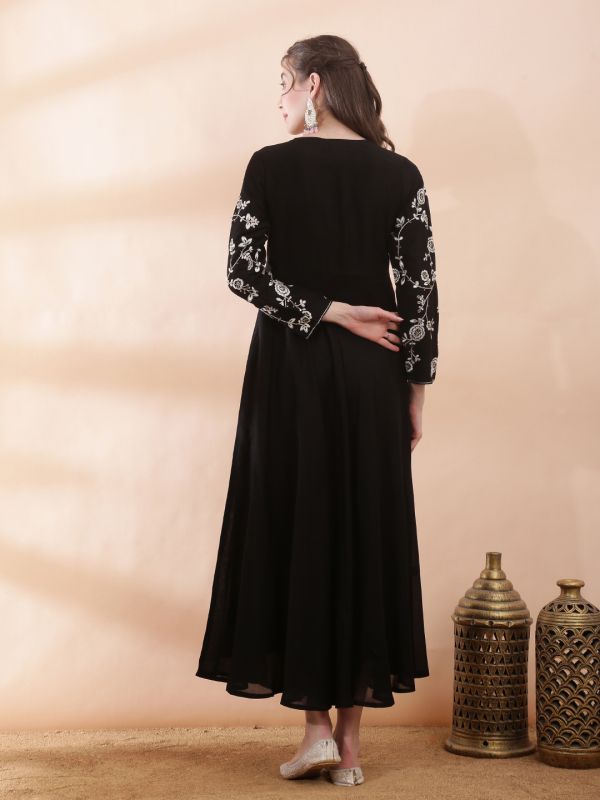 Globus Women Black V-Neck Floral Print Embroidered Tie-Up Detail Fit and Flare Maxi Festive Dress