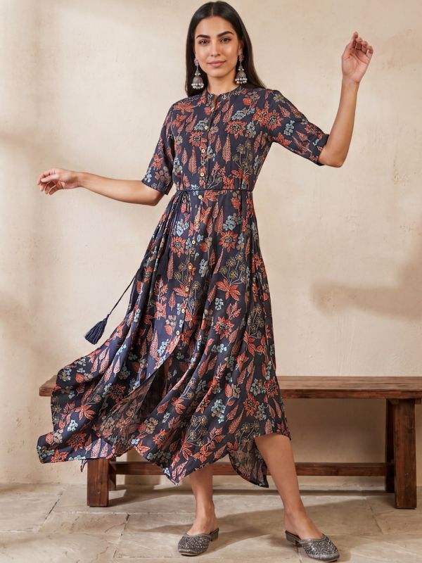 Globus Women Navy Blue Round Neck Gold Foil Floral Print Asymmetric Hem A-Line Maxi Fusion Dress With Dori