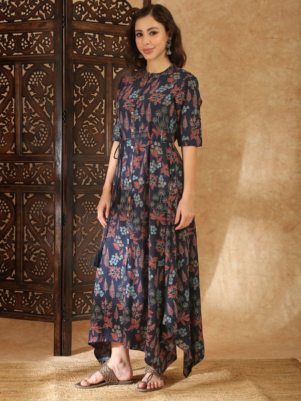 Globus Women Navy Blue Round Neck Gold Foil Floral Print Asymmetric Hem A-Line Maxi Fusion Dress With Dori