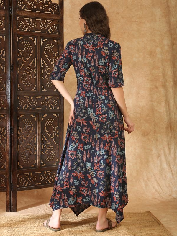 Globus Women Navy Blue Round Neck Gold Foil Floral Print Asymmetric Hem A-Line Maxi Fusion Dress With Dori
