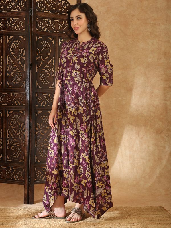Globus Women Wine Round Neck Gold Foil Floral Print Asymmetric Hem A-Line Maxi Fusion Dress With Dori