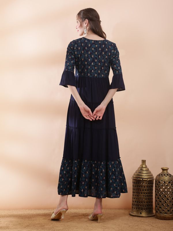 Globus Women Teal Embroidered Yoke Mirror Work Detail Foil Printed Flared Hem Tiered A-Line Maxi Dress