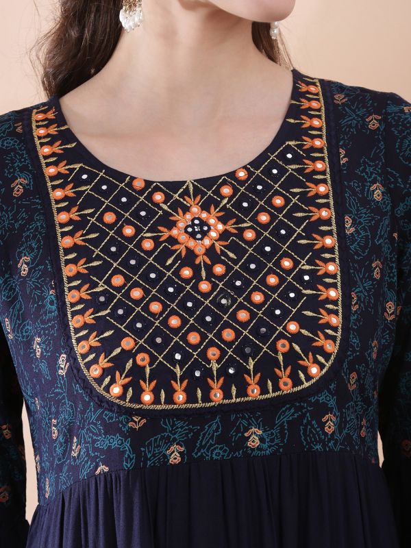 Globus Women Teal Embroidered Yoke Mirror Work Detail Foil Printed Flared Hem Tiered A-Line Maxi Dress