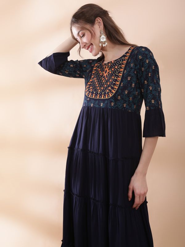 Globus Women Teal Embroidered Yoke Mirror Work Detail Foil Printed Flared Hem Tiered A-Line Maxi Dress