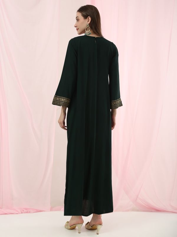 Globus Women Green Floral & Paisley Printed Bell Sleeve High-Low Hem Maxi Ethnic Dress