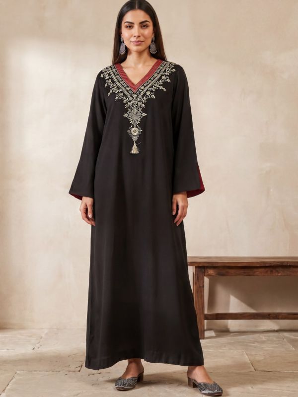 Globus Women Black Sequin Embroidered V-Neck Bell Sleeves Slit Detail A-Line Maxi Festive Dress