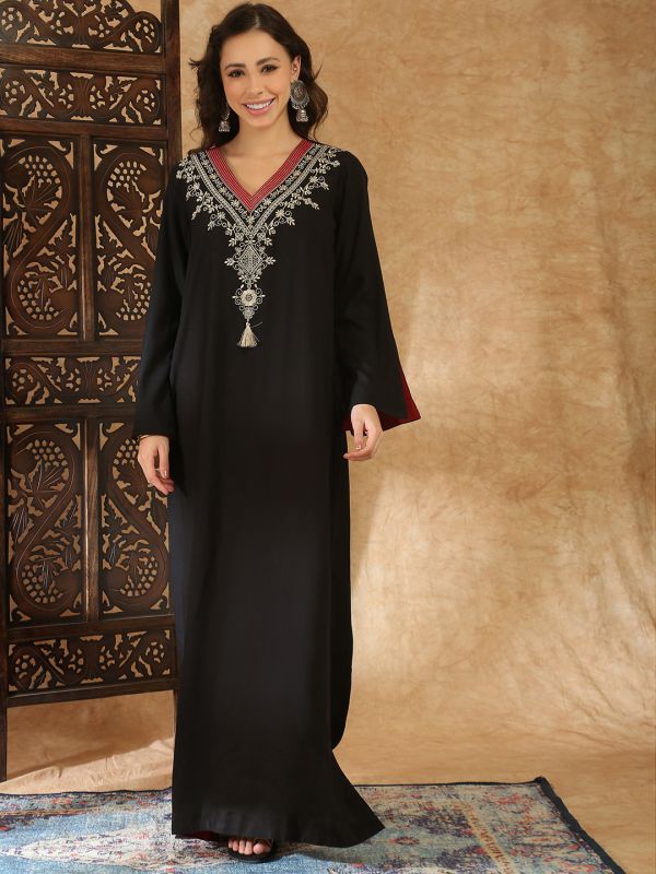 Globus Women Black Sequin Embroidered V-Neck Bell Sleeves Slit Detail A-Line Maxi Festive Dress