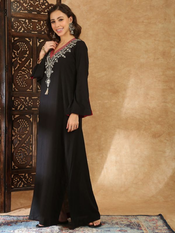 Globus Women Black Sequin Embroidered V-Neck Bell Sleeves Slit Detail A-Line Maxi Festive Dress