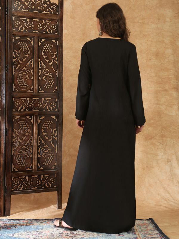 Globus Women Black Sequin Embroidered V-Neck Bell Sleeves Slit Detail A-Line Maxi Festive Dress