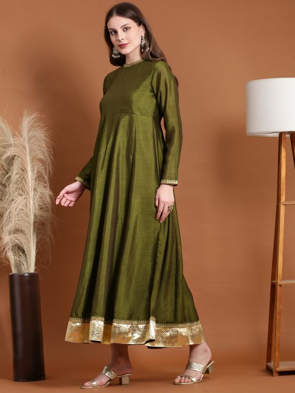Globus Women Olive Zari Embroidered Round Neck and Sleeves Fit and Flare Maxi Dress