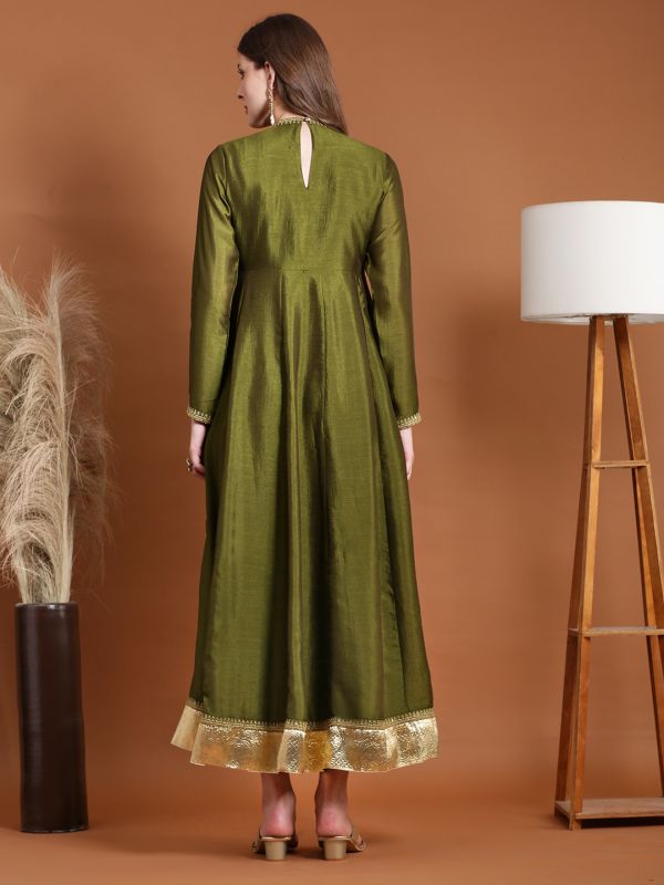 Globus Women Olive Zari Embroidered Round Neck and Sleeves Fit and Flare Maxi Dress