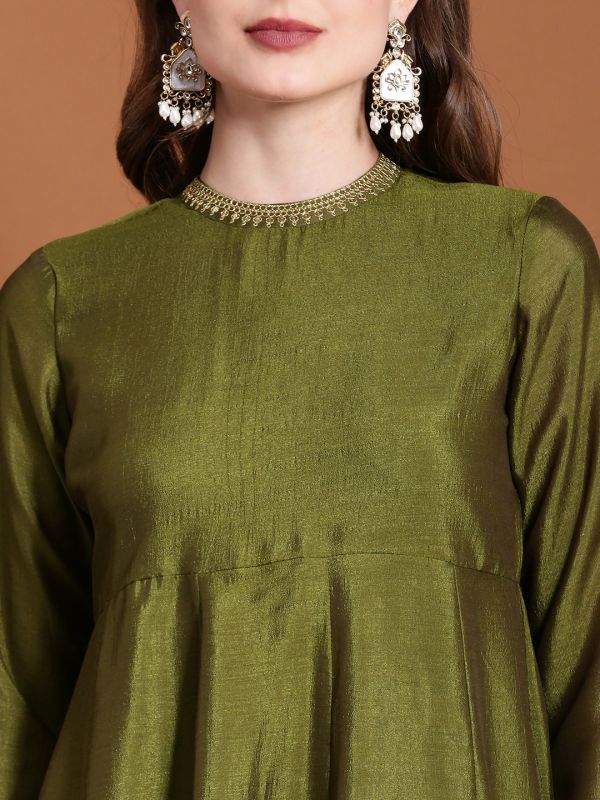 Globus Women Olive Zari Embroidered Round Neck and Sleeves Fit and Flare Maxi Dress