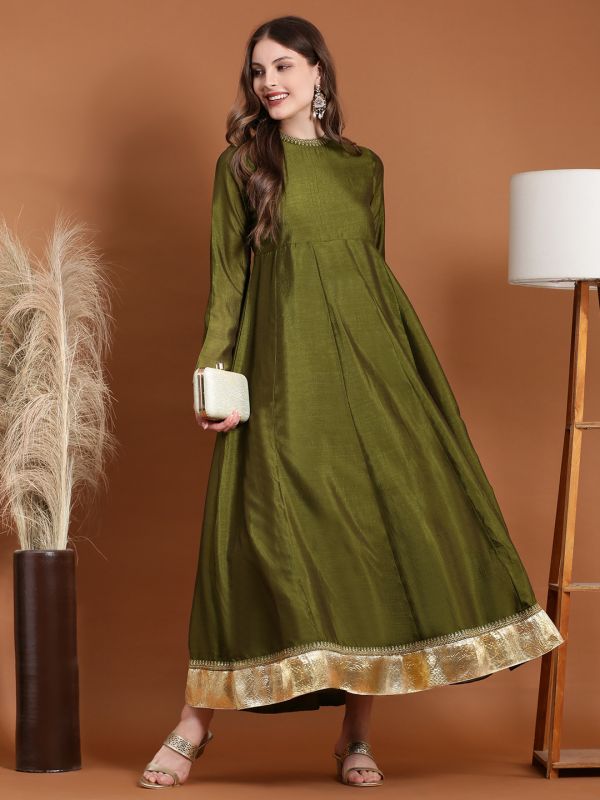 Globus Women Olive Zari Embroidered Round Neck and Sleeves Fit and Flare Maxi Dress