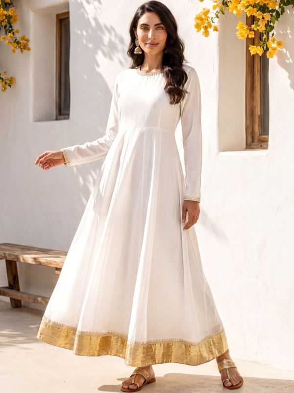 Globus Women White Round Neck Long Sleeves Embroidered Detail Pleated A-Line Maxi Festive Dress