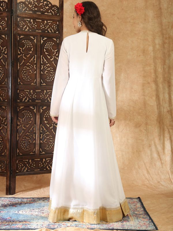 Globus Women White Round Neck Long Sleeves Embroidered Detail Pleated A-Line Maxi Festive Dress
