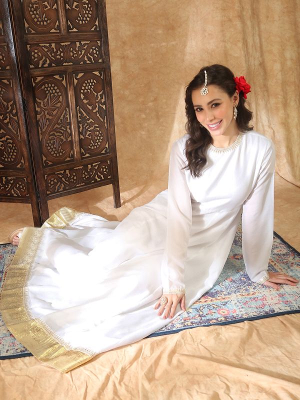 Globus Women White Round Neck Long Sleeves Embroidered Detail Pleated A-Line Maxi Festive Dress