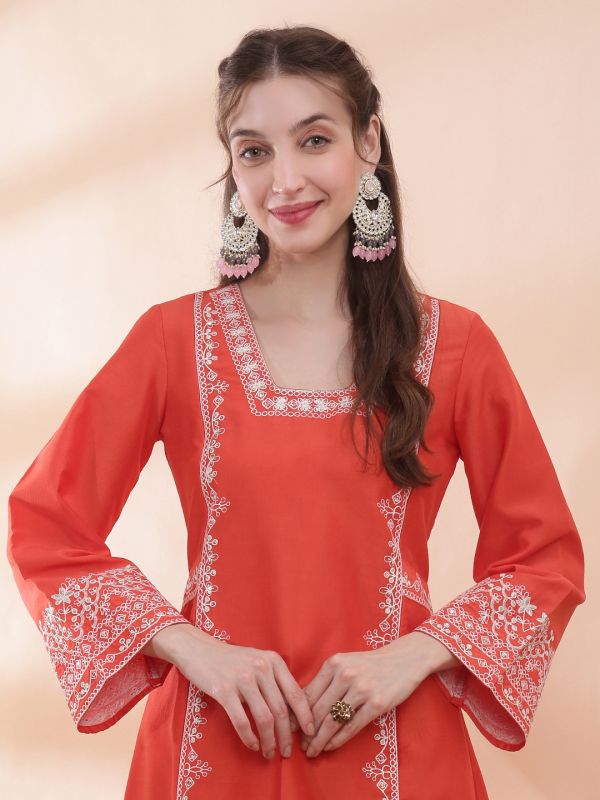 Globus Women Orange Square Neck Bell Sleeves Sequin & Thread Embroidered Detail Panelled A-Line Festive Kurta
