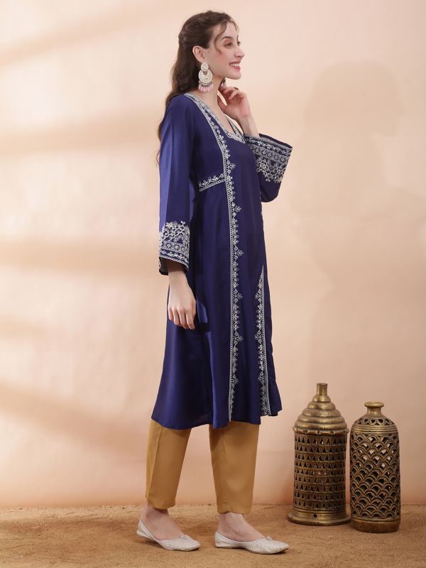 Globus Women Blue Square Neck Bell Sleeves Sequin & Thread Embroidered Detail Panelled A-Line Festive Kurta