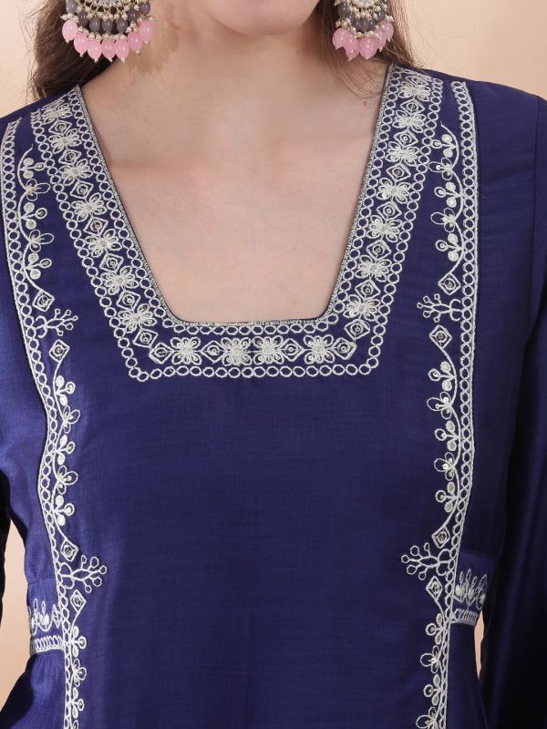Globus Women Blue Square Neck Bell Sleeves Sequin & Thread Embroidered Detail Panelled A-Line Festive Kurta