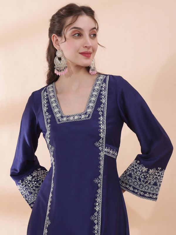 Globus Women Blue Square Neck Bell Sleeves Sequin & Thread Embroidered Detail Panelled A-Line Festive Kurta
