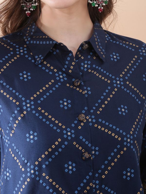 Globus Women Teal Collared Neck Gold Foil Bandhani Print Shirt with Palazzos Fusion Co-ord Set