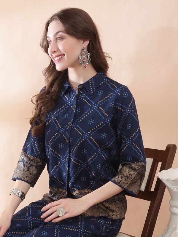 Globus Women Teal Collared Neck Gold Foil Bandhani Print Shirt with Palazzos Fusion Co-ord Set