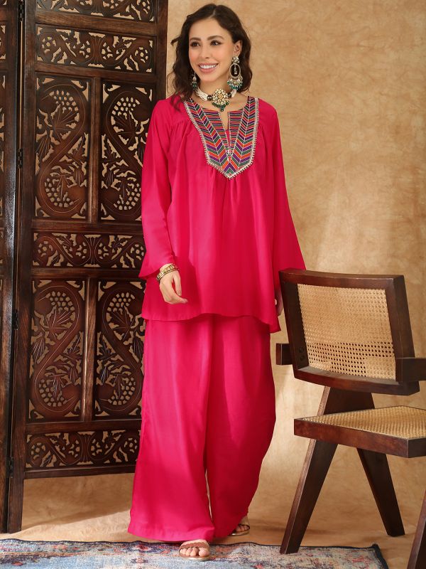 Globus Women Pink Sequin Embroidered Yoke Bell Sleeves Gathered Detail Tunic With Palazzos Fusion Co-Ord Set