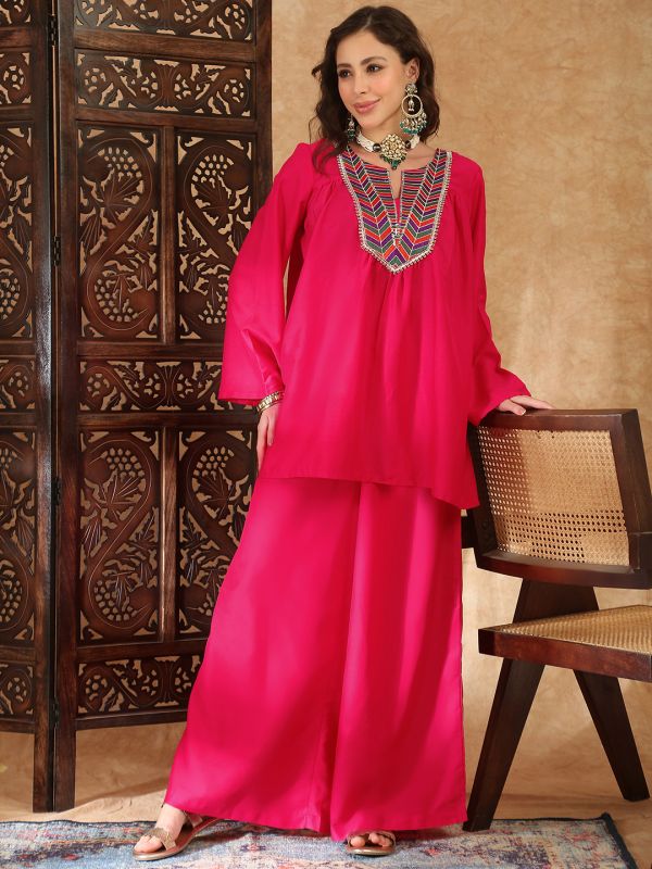 Globus Women Pink Sequin Embroidered Yoke Bell Sleeves Gathered Detail Tunic With Palazzos Fusion Co-Ord Set
