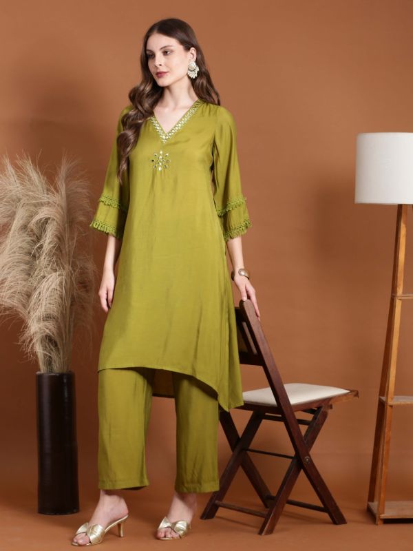 Globus Women Green V-Neck Bell Sleeves Mirror Work Kurta and Trouser Fusion Set