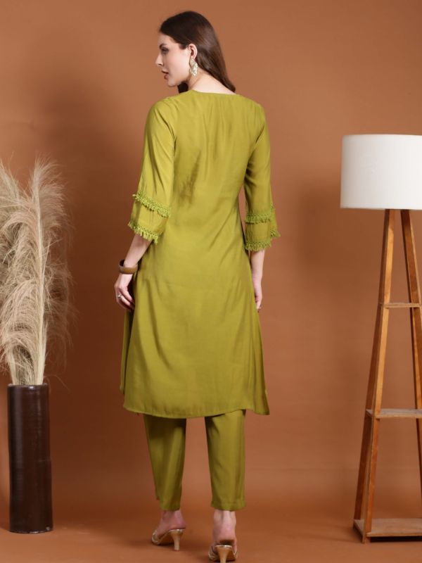 Globus Women Green V-Neck Bell Sleeves Mirror Work Kurta and Trouser Fusion Set