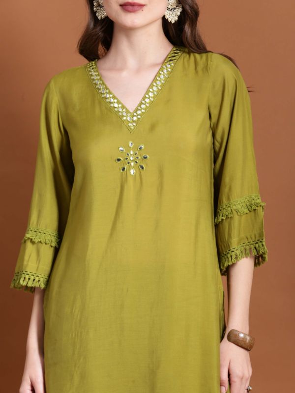 Globus Women Green V-Neck Bell Sleeves Mirror Work Kurta and Trouser Fusion Set