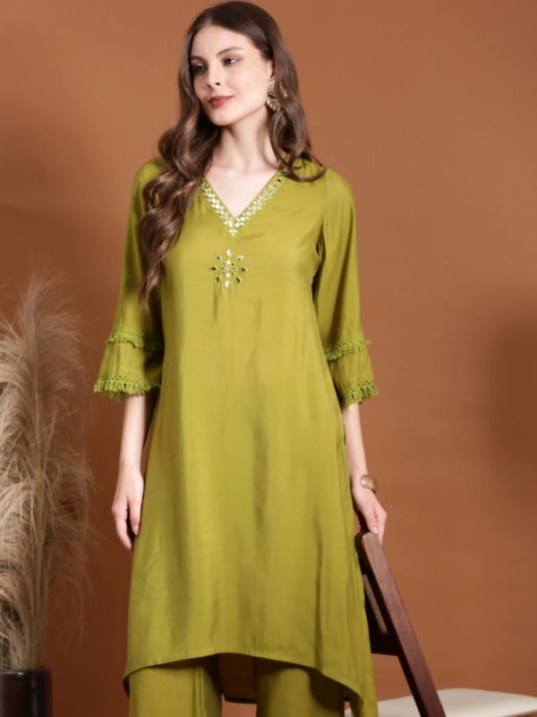 Globus Women Green V-Neck Bell Sleeves Mirror Work Kurta and Trouser Fusion Set