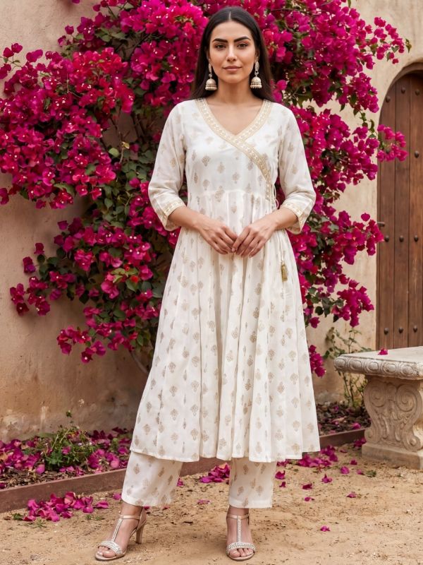 Globus Women Off White V-Neck Ethnic Gold Foil Print Zari Embroidered Mirror Work Detail Angrakha A-Line Kurta with Trouser Festive Set