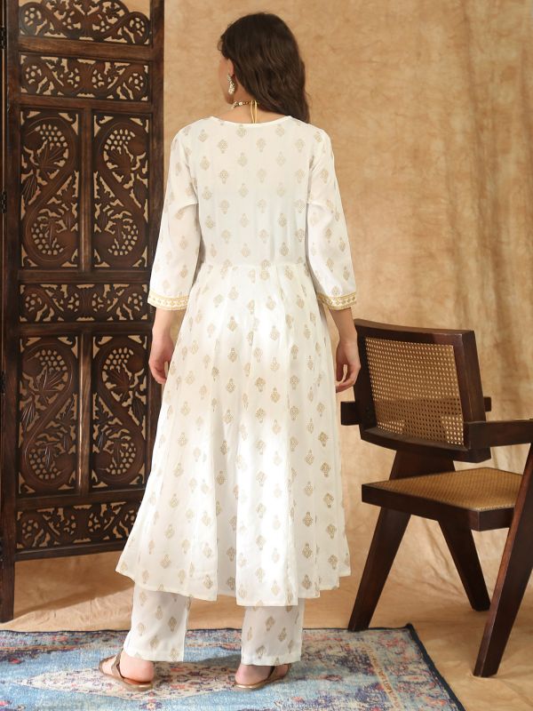 Globus Women Off White V-Neck Ethnic Gold Foil Print Zari Embroidered Mirror Work Detail Angrakha A-Line Kurta with Trouser Festive Set