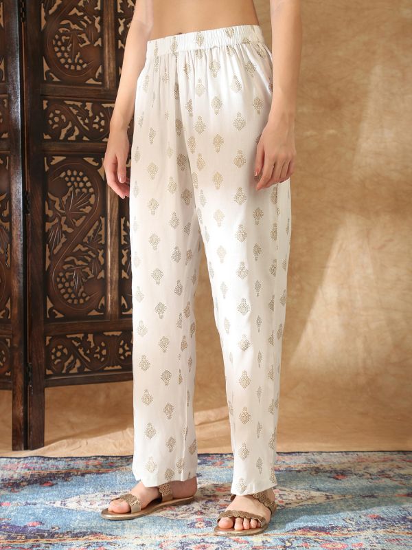 Globus Women Off White V-Neck Ethnic Gold Foil Print Zari Embroidered Mirror Work Detail Angrakha A-Line Kurta with Trouser Festive Set
