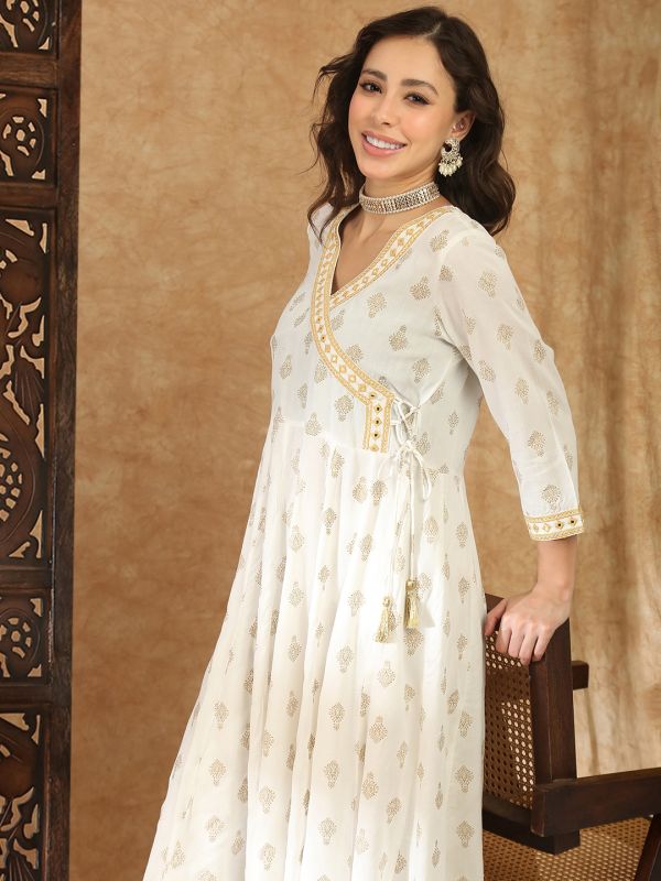 Globus Women Off White V-Neck Ethnic Gold Foil Print Zari Embroidered Mirror Work Detail Angrakha A-Line Kurta with Trouser Festive Set