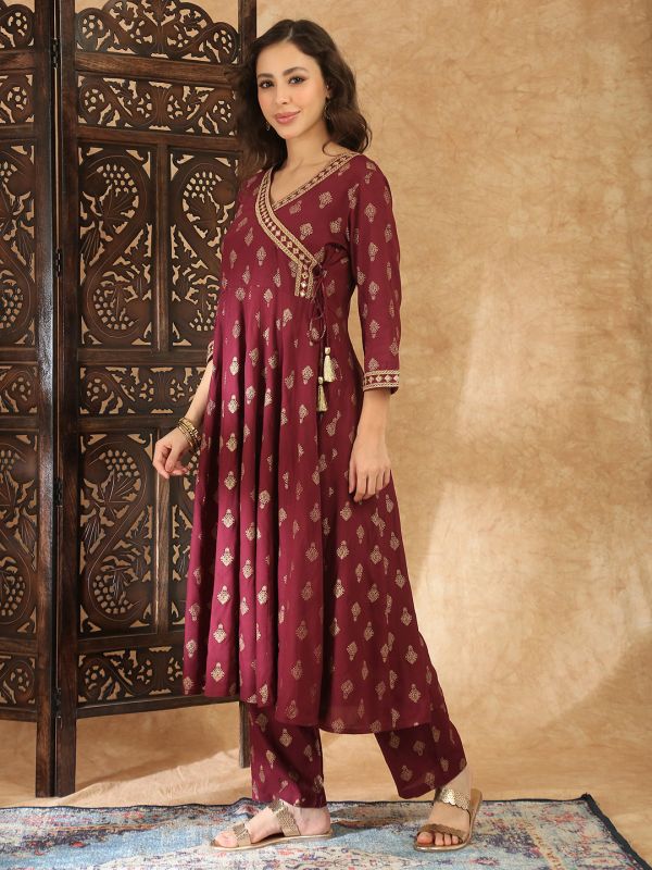 Globus Women Wine V-Neck Ethnic Gold Foil Print Zari Embroidered Mirror Work Detail Angrakha A-Line Kurta with Trouser Festive Set