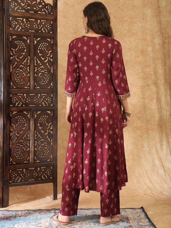 Globus Women Wine V-Neck Ethnic Gold Foil Print Zari Embroidered Mirror Work Detail Angrakha A-Line Kurta with Trouser Festive Set