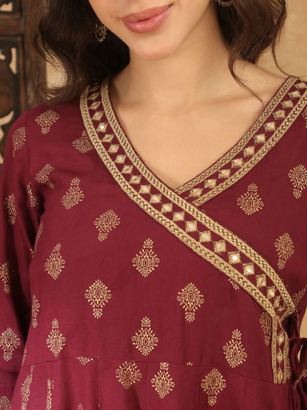 Globus Women Wine V-Neck Ethnic Gold Foil Print Zari Embroidered Mirror Work Detail Angrakha A-Line Kurta with Trouser Festive Set