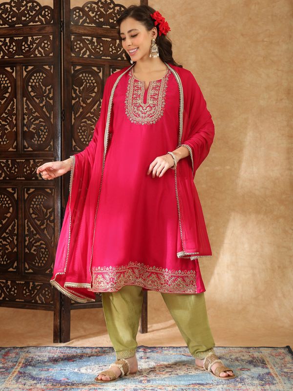 Globus Women Pink Round Neck Floral Zari Embroidered Yoke A-Line Kurta with Trousers & Taping Dupatta Festive Set