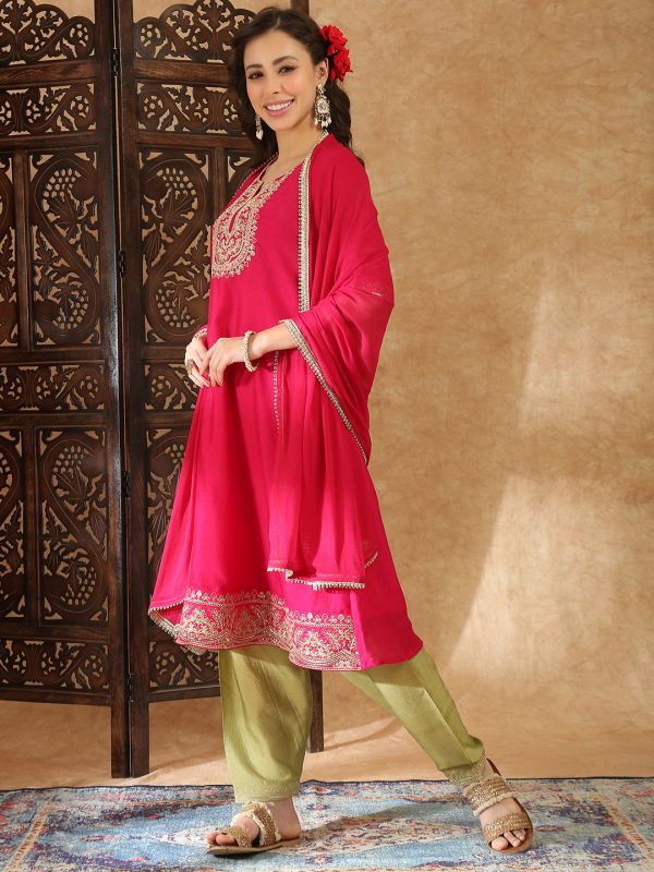 Globus Women Pink Round Neck Floral Zari Embroidered Yoke A-Line Kurta with Trousers & Taping Dupatta Festive Set