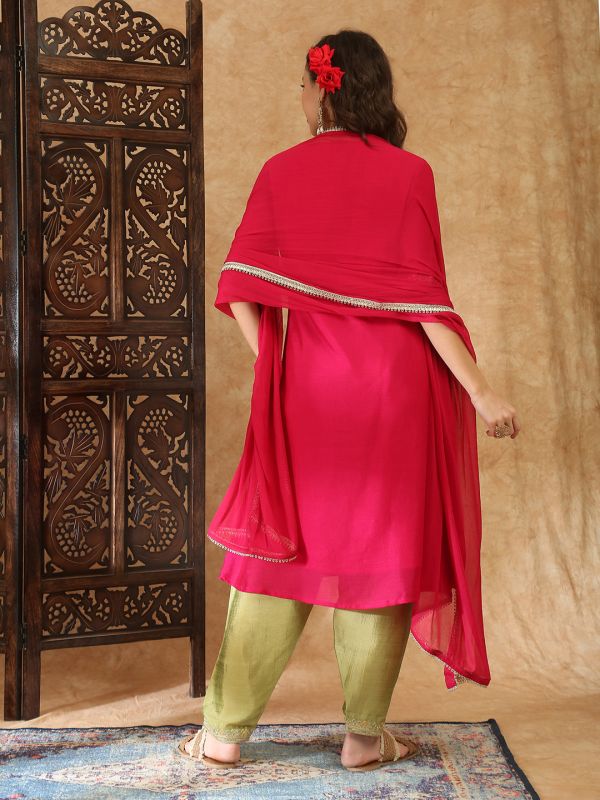Globus Women Pink Round Neck Floral Zari Embroidered Yoke A-Line Kurta with Trousers & Taping Dupatta Festive Set