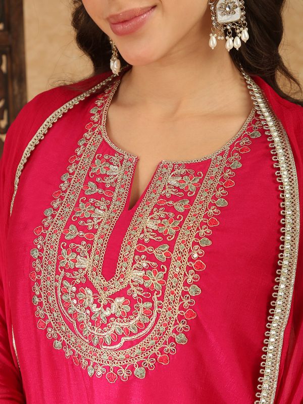 Globus Women Pink Round Neck Floral Zari Embroidered Yoke A-Line Kurta with Trousers & Taping Dupatta Festive Set