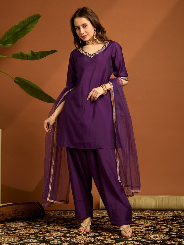 Globus Women Purple Floral Embroidered V-neck Silk Kurta With Pants & Dupatta Festive Set