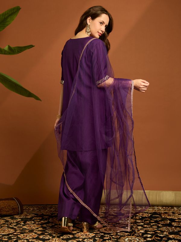 Globus Women Purple Floral Embroidered V-neck Silk Kurta With Pants & Dupatta Festive Set
