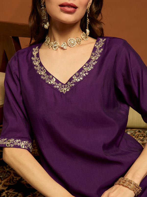 Globus Women Purple Floral Embroidered V-neck Silk Kurta With Pants & Dupatta Festive Set