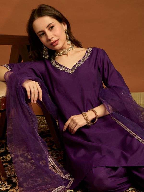 Globus Women Purple Floral Embroidered V-neck Silk Kurta With Pants & Dupatta Festive Set