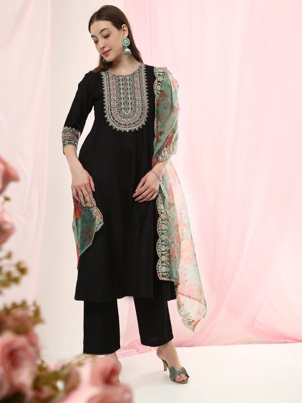 Globus Women Black Sequinned Embroidered Yoke A-Line Kurta with Pants & Scalloped Border Floral Printed Dupatta Festive Set