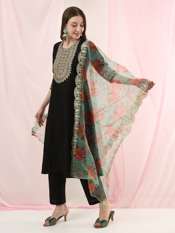 Globus Women Black Sequinned Embroidered Yoke A-Line Kurta with Pants & Scalloped Border Floral Printed Dupatta Festive Set